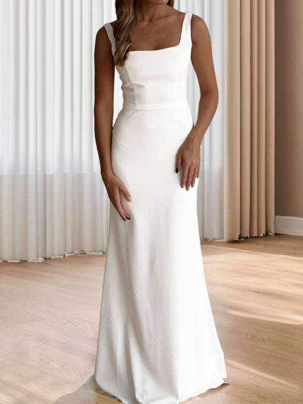 Sheath Straps Ruffles Floor-Length Stretch Crepe Wedding Dress