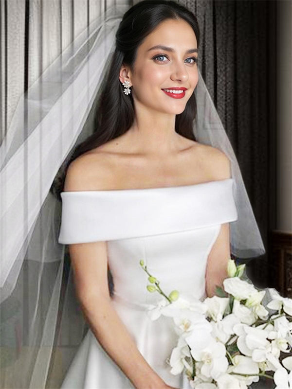 A-line Off-the-Shoulder Sweep Train Satin Wedding Dress