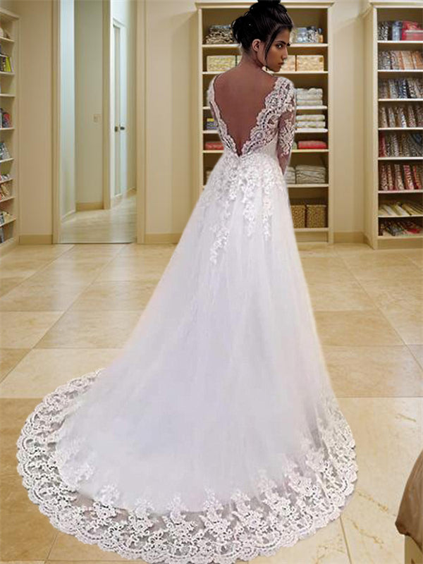 Ball-Gown V-neck Long Sleeves Appliques Lace Court Train Tulle Wedding Dress