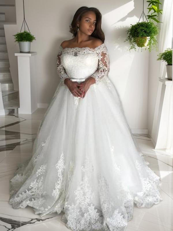 A-line Off-the-Shoulder Long Sleeves Lace Court Train Tulle Wedding Dress