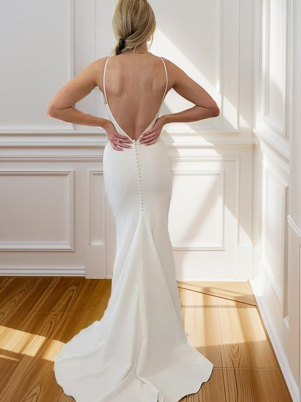 Sheath Bateau Sweep Train Stretch Crepe Wedding Dress