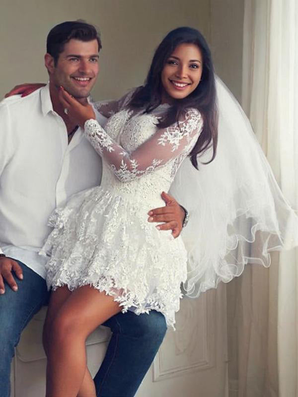 A-line Scoop Long Sleeves Applique Short/Mini Lace Wedding Dress