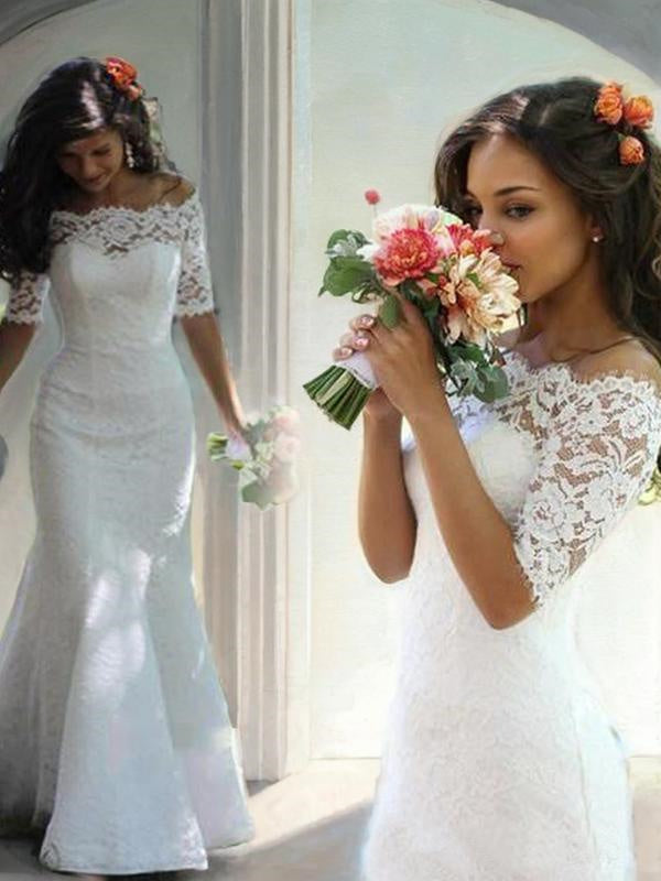 Mermaid Off-the-Shoulder 1/2 Sleeves Lace Court Train Lace Wedding Dress