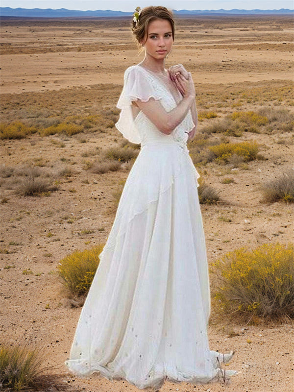 A-line V-neck Short Sleeves Ruched Floor-Length Chiffon Wedding Dress