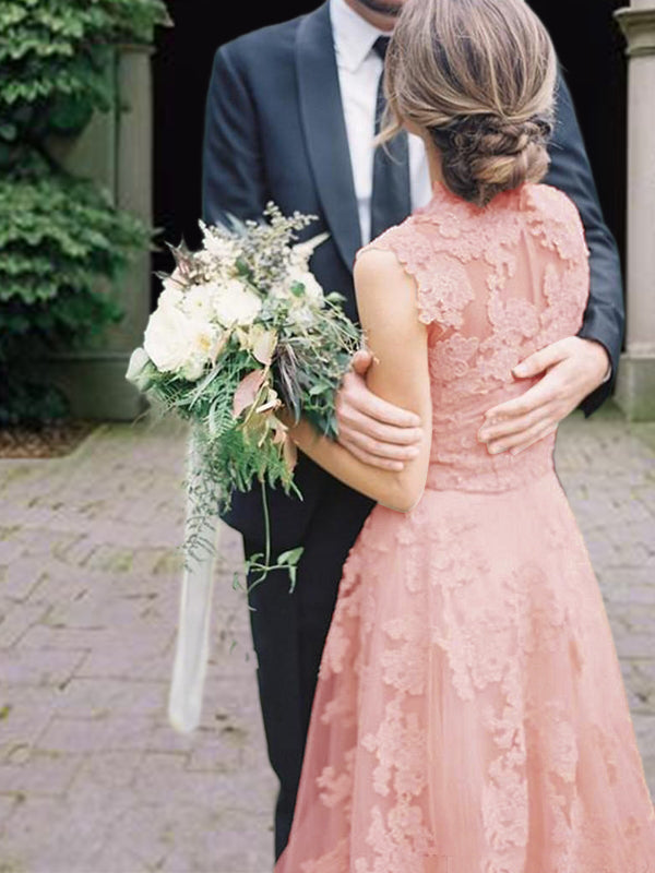 A-line V-neck Applique Sweep Train Tulle Wedding Dress