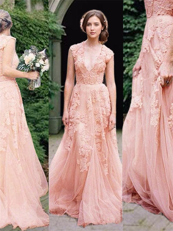 A-line V-neck Applique Sweep Train Tulle Wedding Dress