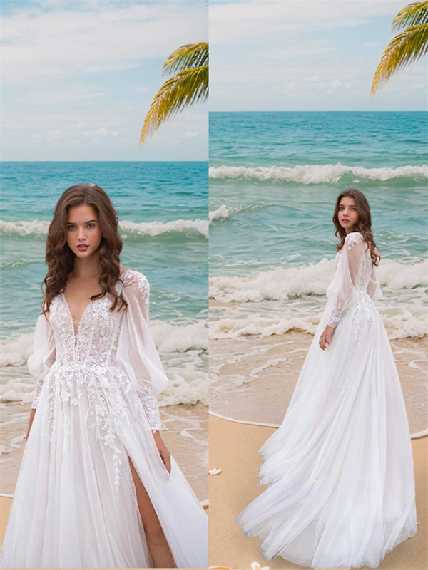 A-line V-neck Long Sleeves Applique Sweep Train Lace Wedding Dress