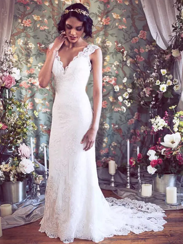 Sheath V-neck Lace Court Train Tulle Wedding Dress