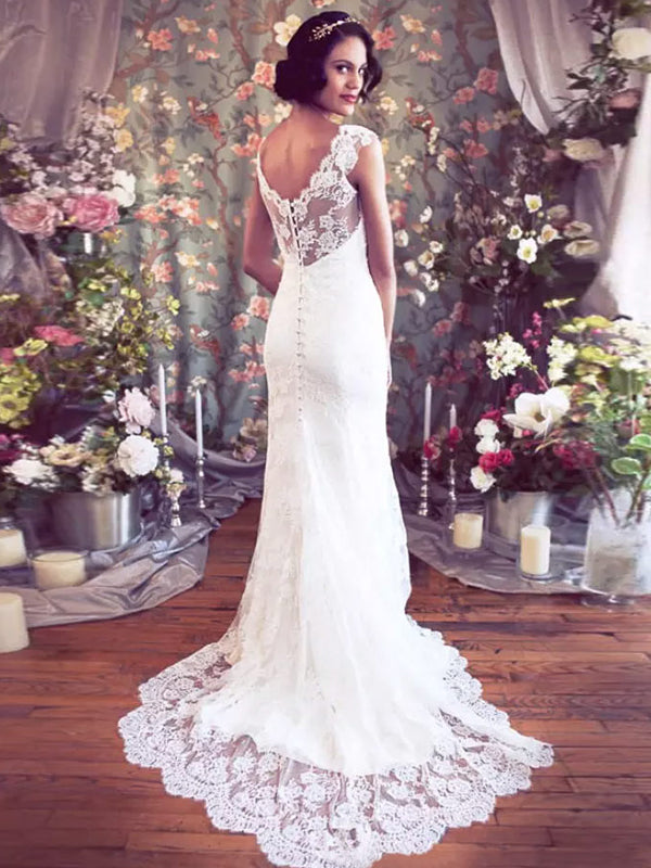 Sheath V-neck Lace Court Train Tulle Wedding Dress