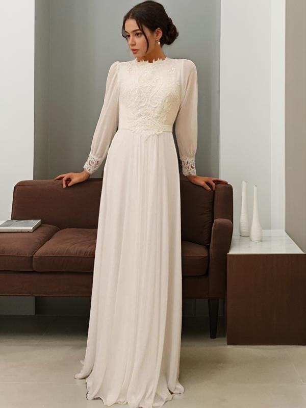 A-line Jewel Long Sleeves Lace Floor-Length Chiffon Wedding Dress