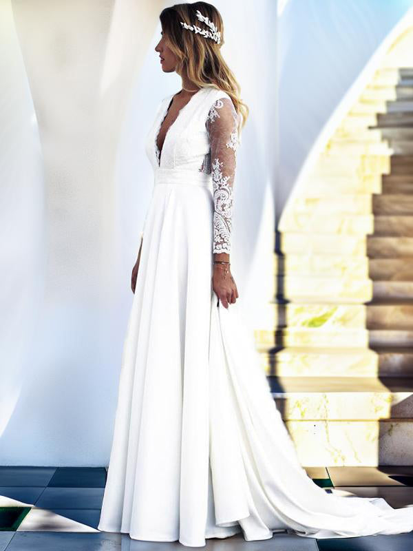 A-line V-neck Long Sleeves Lace Sweep Train Stretch Crepe Wedding Dress
