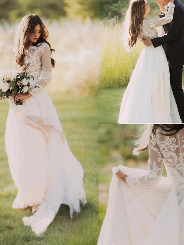 A-line V-neck Long Sleeves Applique Sweep Train Tulle Wedding Dress