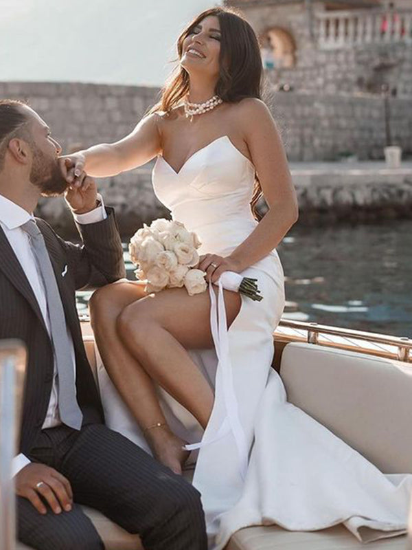 Sheath Sweetheart Ruched Sweep Train Satin Wedding Dress