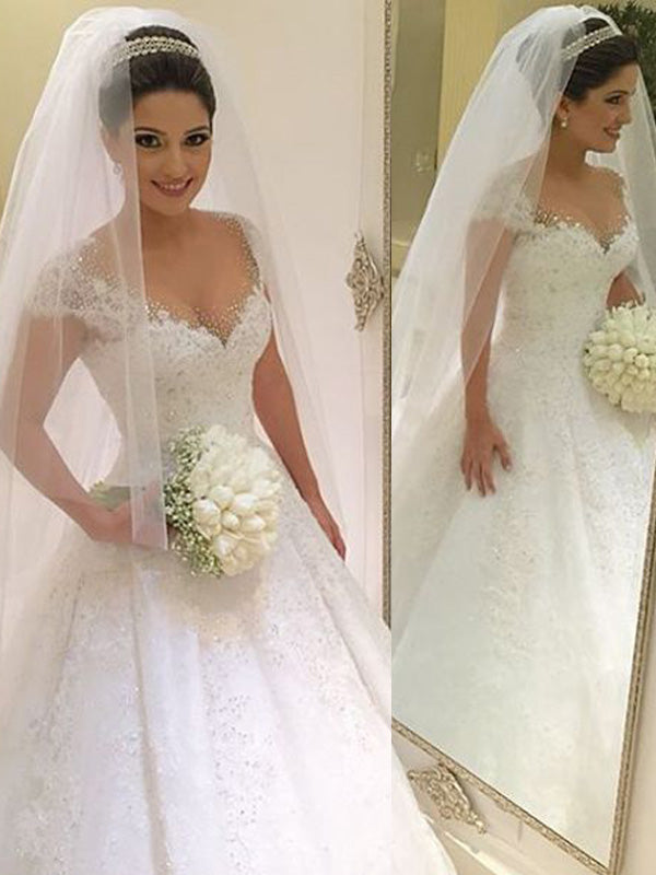 Ball-Gown V-neck Beading Floor-Length Tulle Wedding Dress
