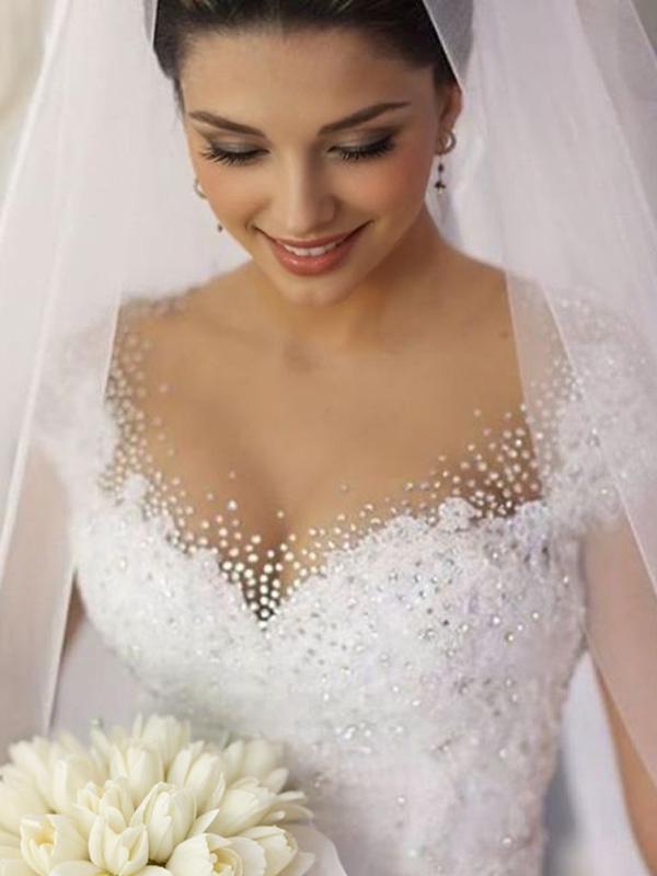Ball-Gown V-neck Beading Floor-Length Tulle Wedding Dress