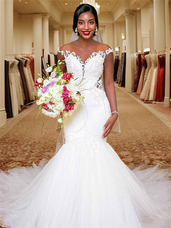 Mermaid V-neck Applique Sweep Train Tulle Wedding Dress