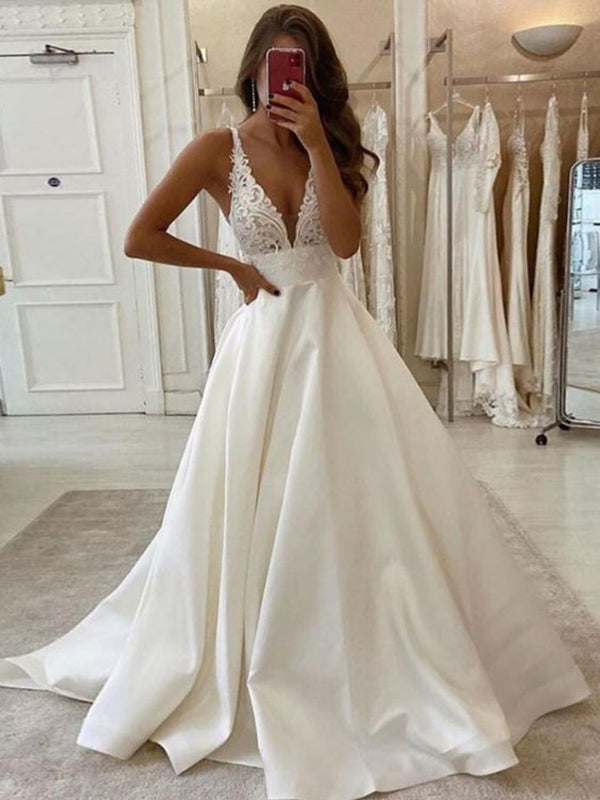 A-line V-neck Lace Chapel Train Satin Wedding Dress