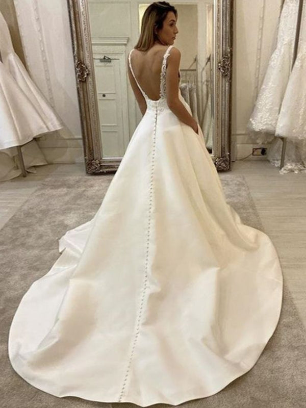 A-line V-neck Lace Chapel Train Satin Wedding Dress