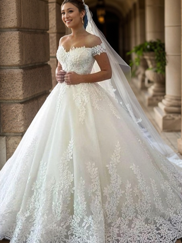 Ball-Gown Off-the-Shoulder Lace Sweep Train Tulle Wedding Dress