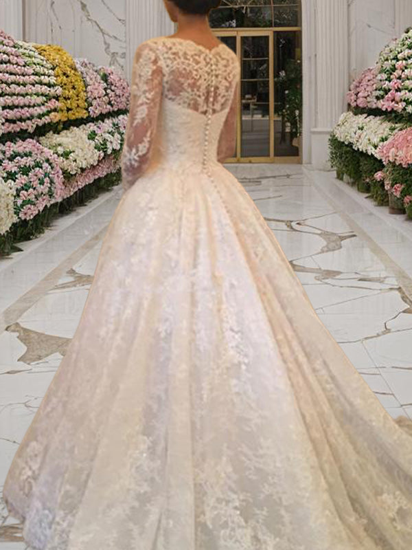 Ball-Gown Scoop Long Sleeves Ruffles Cathedral Train Lace Wedding Dress