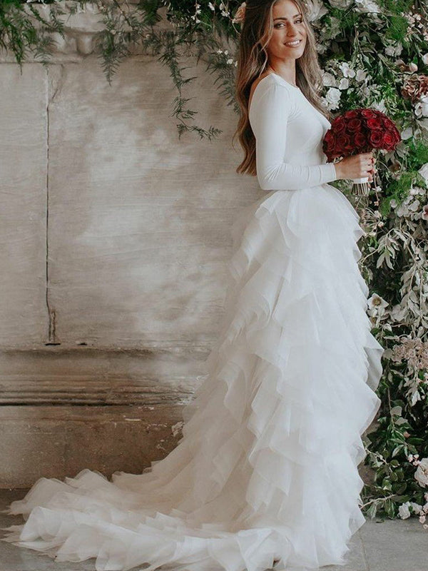 A-line Scoop Long Sleeves Ruffles Sweep Train Tulle Wedding Dress