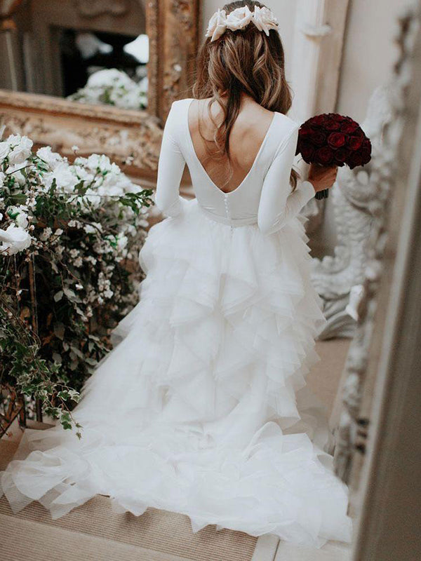 A-line Scoop Long Sleeves Ruffles Sweep Train Tulle Wedding Dress