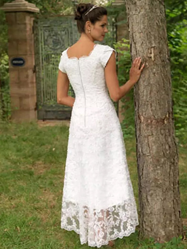 A-line Scoop Short Sleeves Lace Asymmetrical Lace Wedding Dress