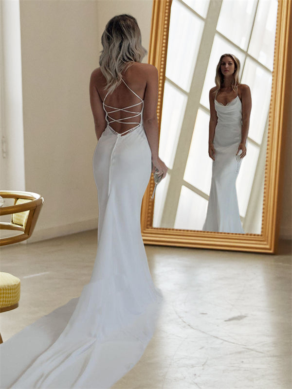 Sheath Halter Ruched Court Train Chiffon Wedding Dress
