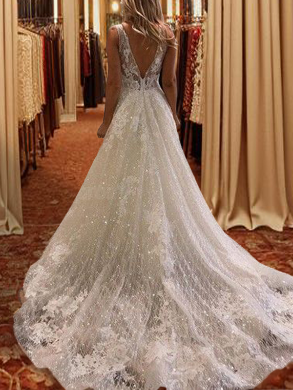 A-line V-neck Applique Sweep Train Tulle Wedding Dress