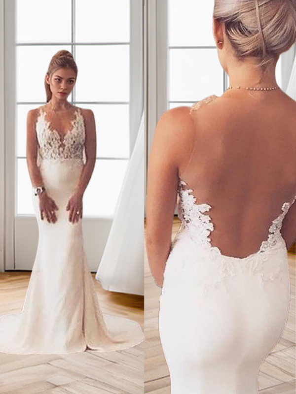 Mermaid Scoop Applique Court Train Stretch Crepe Wedding Dress