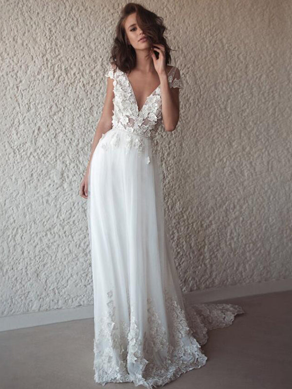A-line V-neck Applique Court Train Tulle Wedding Dress