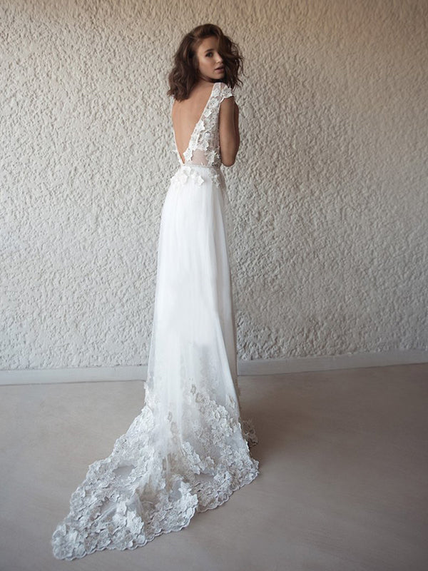 A-line V-neck Applique Court Train Tulle Wedding Dress