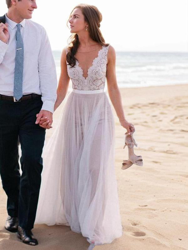A-line Scoop Lace Sweep Train Tulle Wedding Dress