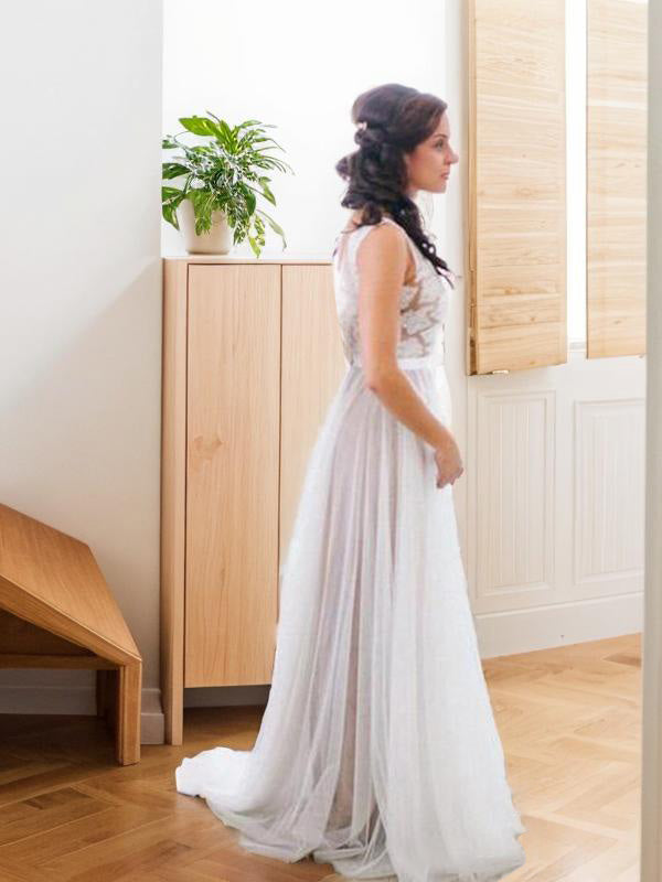 A-line Scoop Lace Sweep Train Tulle Wedding Dress