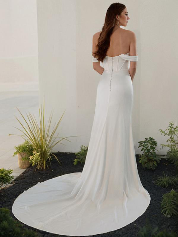 Sheath Off-the-Shoulder Ruched Court Train Charmeuse Wedding Dress