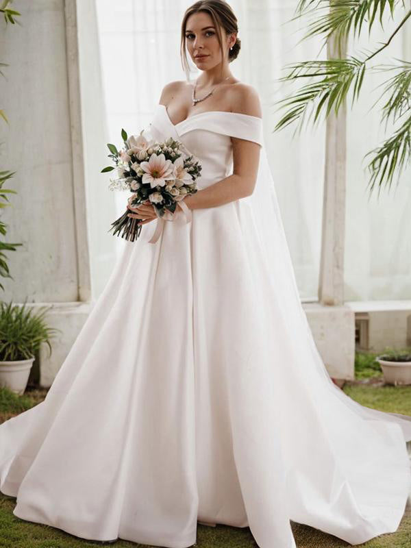 A-line Off-the-Shoulder Ruffles Sweep Train Satin Wedding Dress
