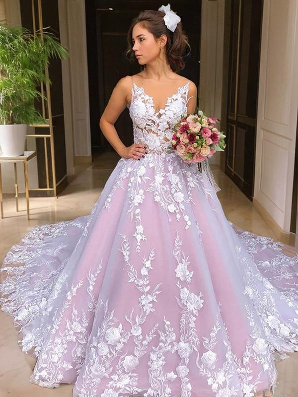 Ball-Gown V-neck Applique Chapel Train Lace Wedding Dress