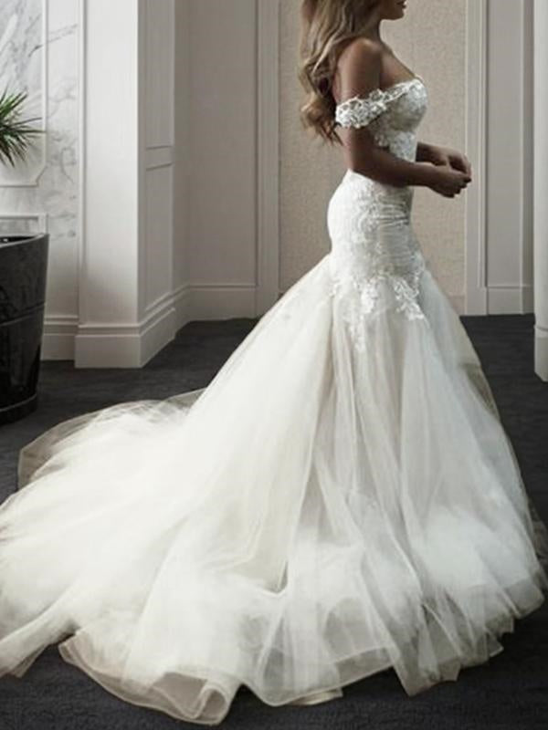 Mermaid Off-the-Shoulder Applique Sweep Train Tulle Wedding Dress
