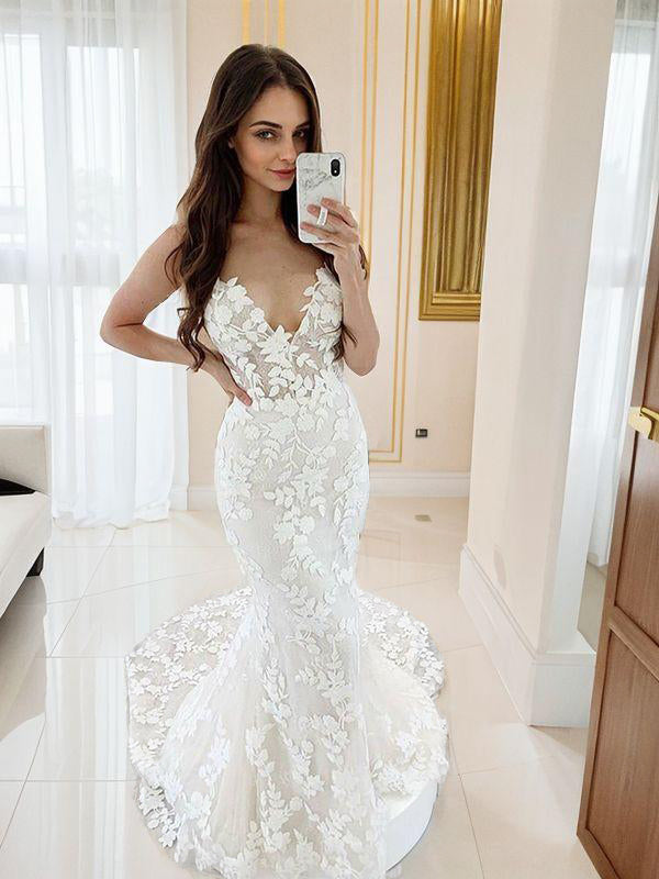 Mermaid V-neck Appliques Lace Sweep Train Tulle Wedding Dress