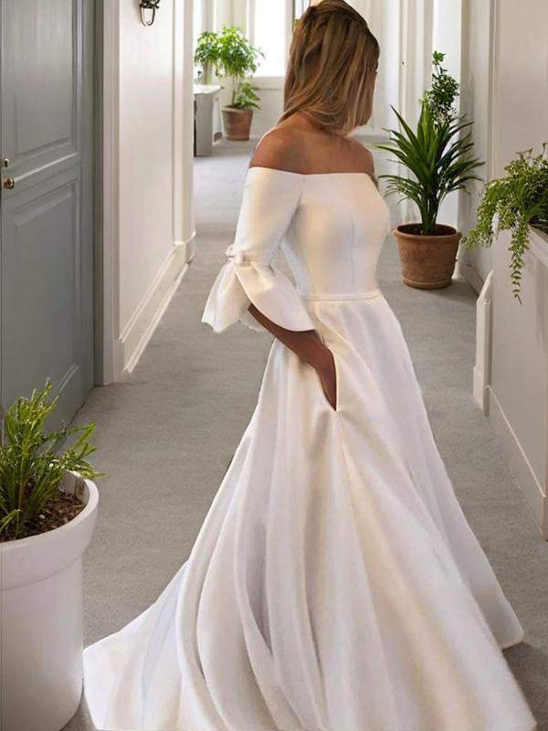 A-line Off-the-Shoulder 3/4 Sleeves Ruffles Court Train Charmeuse Wedding Dress
