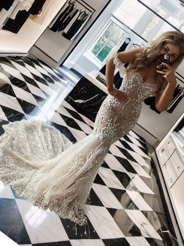 Mermaid Off-the-Shoulder Bow Sweep Train Tulle Wedding Dress