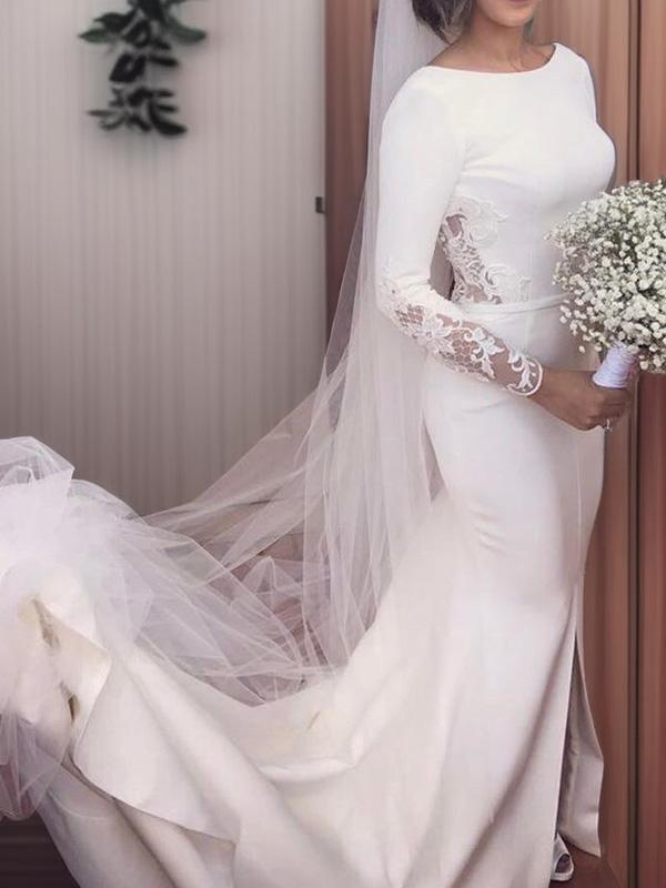 Mermaid Scoop Long Sleeves Lace Chapel Train Stretch Crepe Wedding Dress