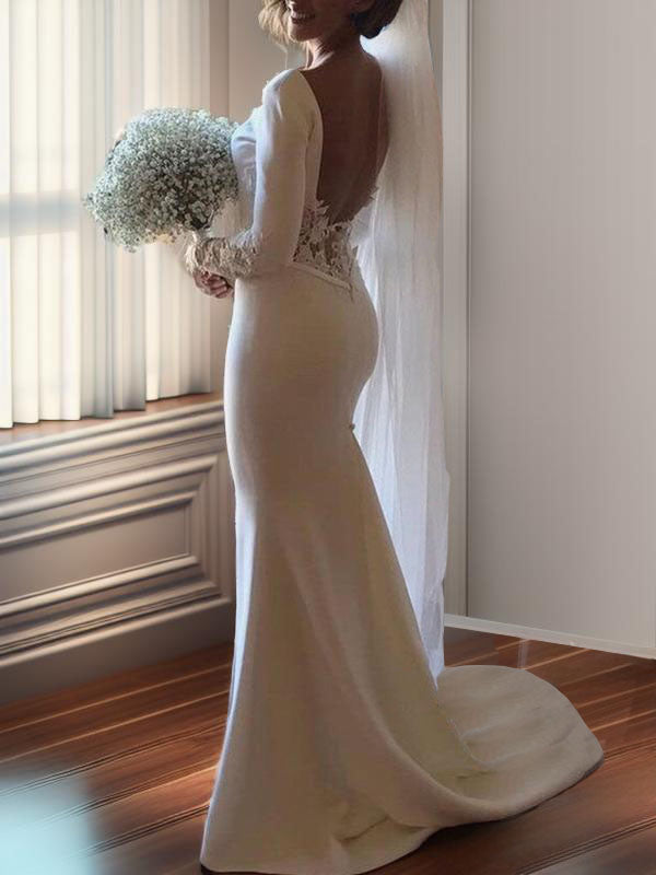 Mermaid Scoop Long Sleeves Lace Chapel Train Stretch Crepe Wedding Dress