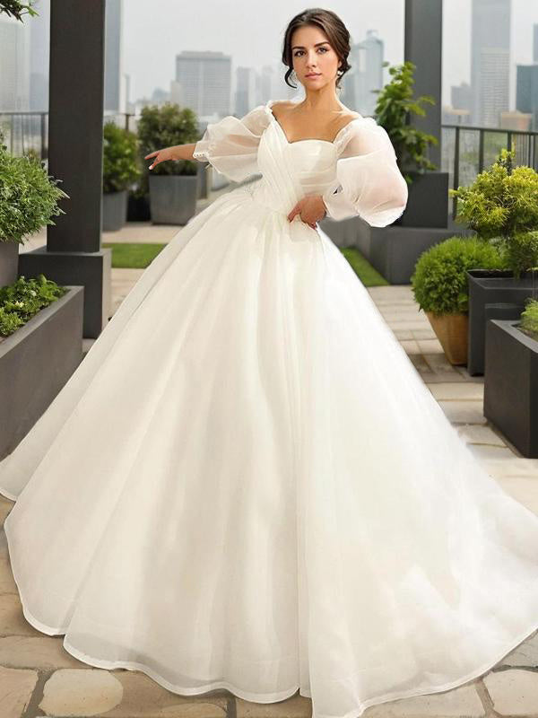 Ball-Gown Sweetheart 3/4 Sleeves Ruched Court Train Organza Wedding Dress