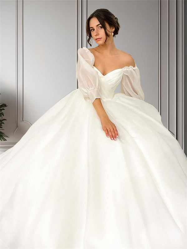 Ball-Gown Sweetheart 3/4 Sleeves Ruched Court Train Organza Wedding Dress