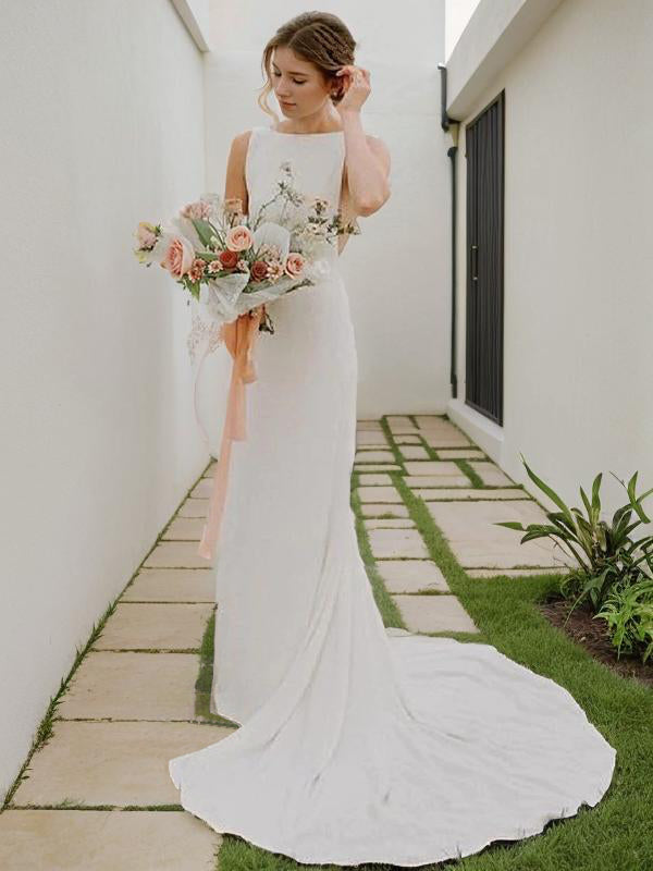 Sheath Jewel Ruched Court Train Stretch Crepe Wedding Dress