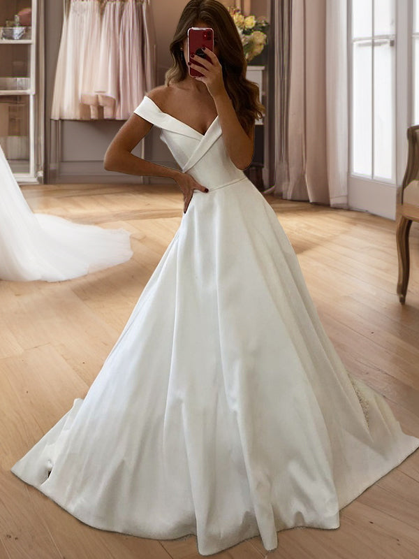 A-line Off-the-Shoulder Ruffles Sweep Train Satin Wedding Dress