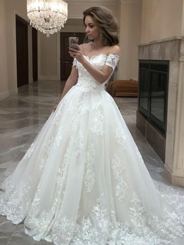 A-line Off-the-Shoulder Applique Sweep Train Tulle Wedding Dress