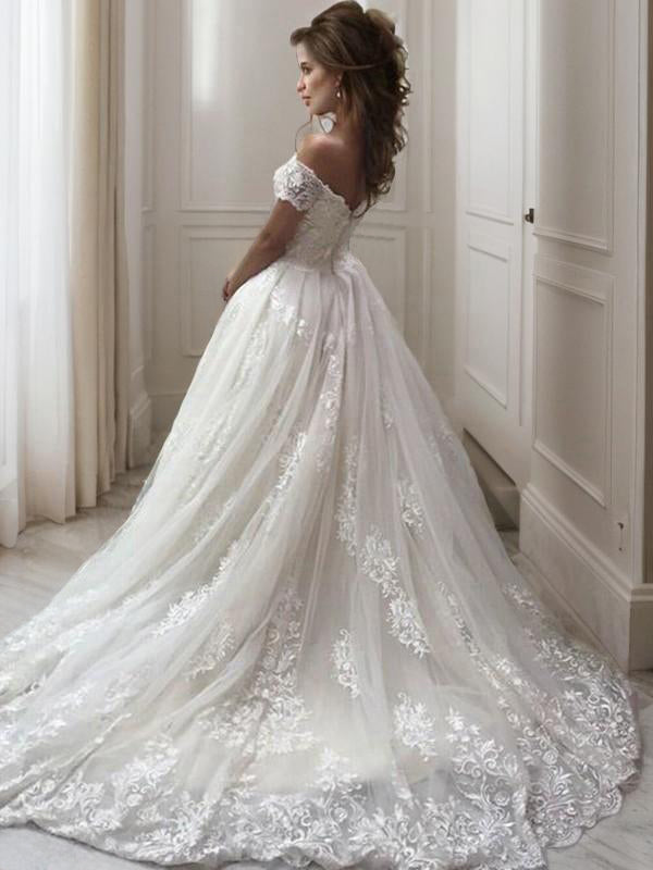 A-line Off-the-Shoulder Applique Sweep Train Tulle Wedding Dress
