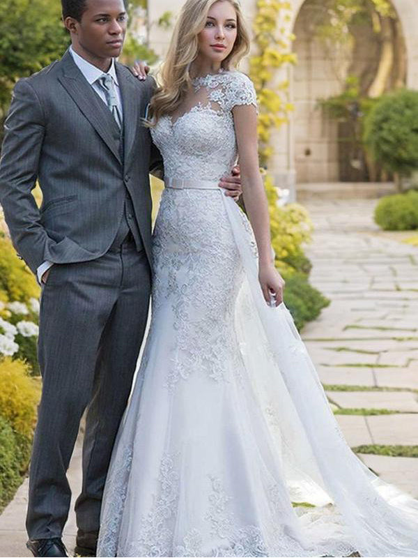 Mermaid Bateau Short Sleeves Sash/Ribbon/Belt Sweep Train Tulle Wedding Dress